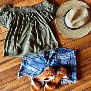 3 for 20!! GREEN EYELET OFF THE SHOULDER TOP